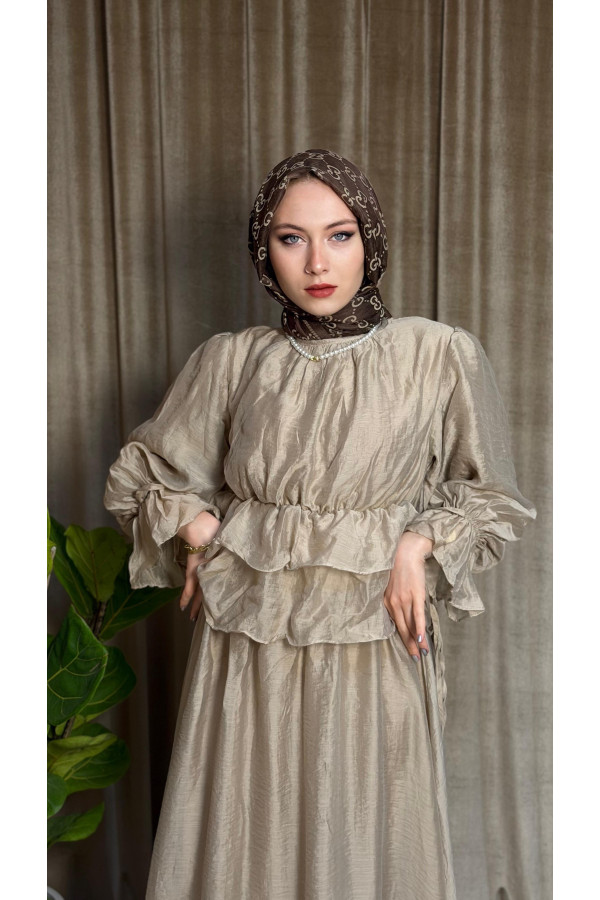 Elegance Kolları Bağlamalı Etekli Takım - Taş Rengi