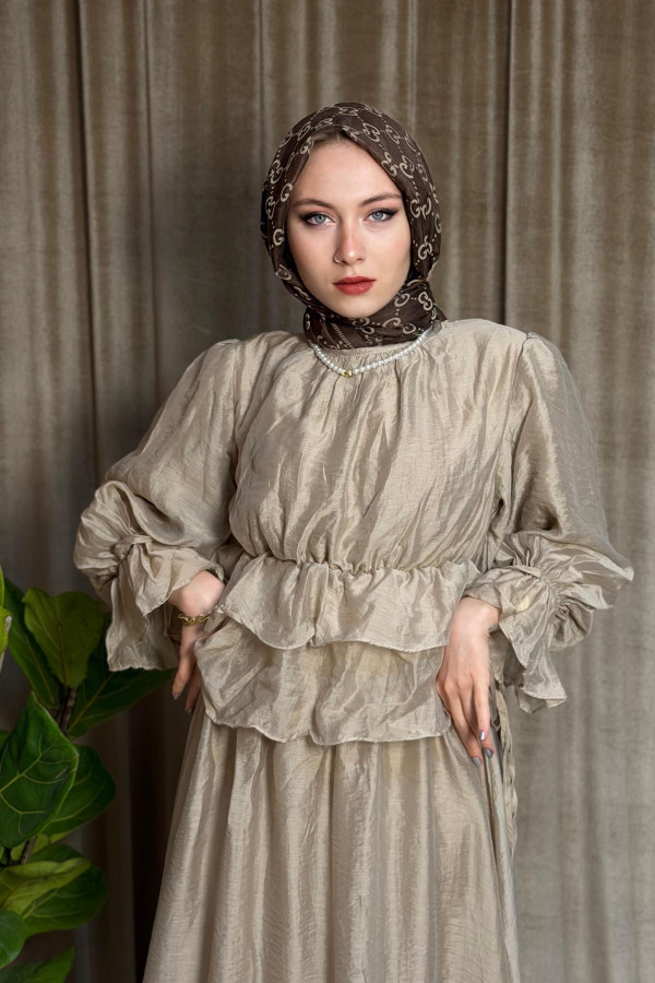 Elegance Kolları Bağlamalı Etekli Takım - Taş Rengi