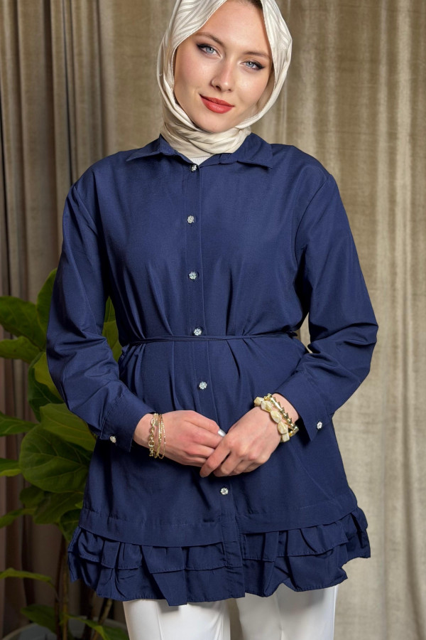 Etek ucu katlı fırfırlı düğmeli poplin gömlek