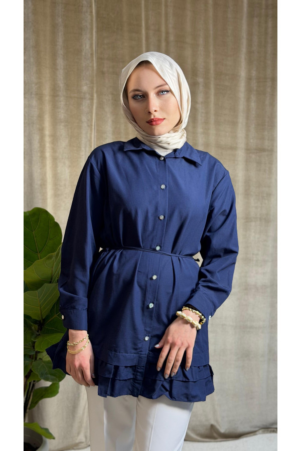 Etek ucu katlı fırfırlı düğmeli poplin gömlek