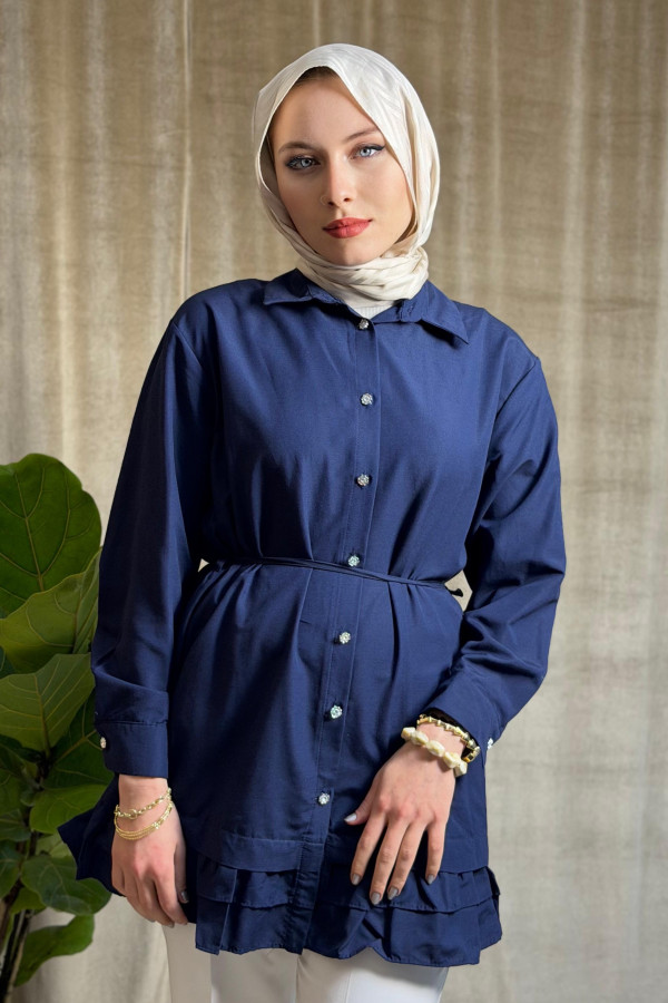 Etek ucu katlı fırfırlı düğmeli poplin gömlek