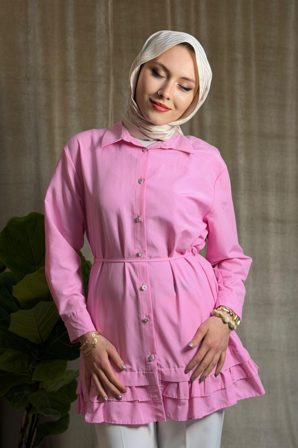 Etek Ucu Katlı Fırfırlı Düğmeli Poplin Gömlek - Pembe