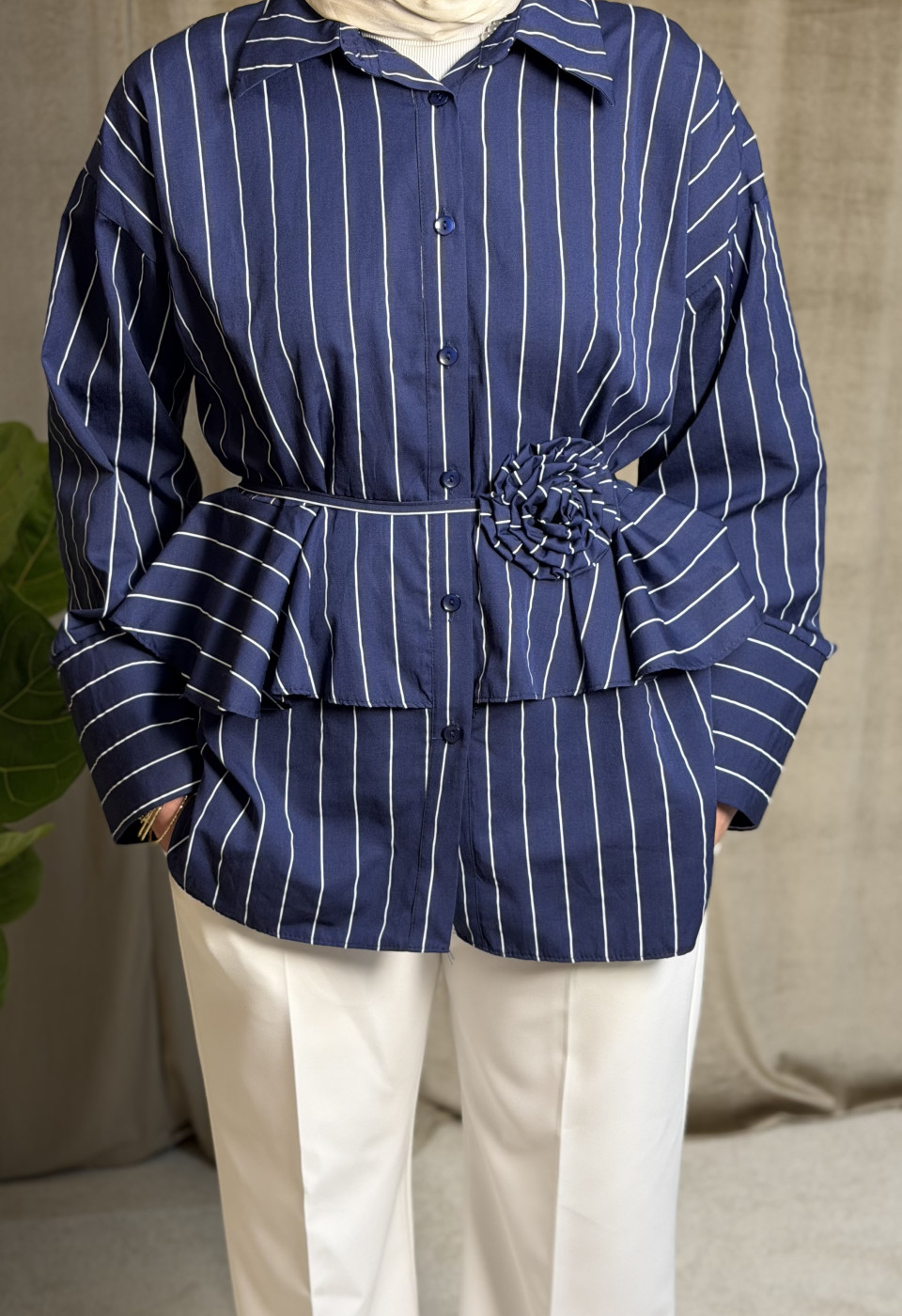 Bel detaylı çizgili Gömlek