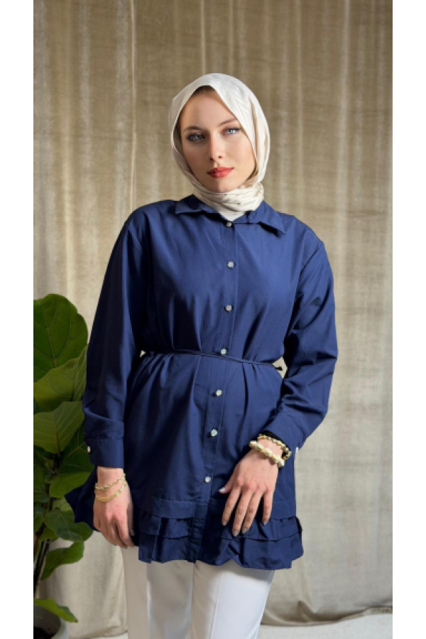 Etek ucu katlı fırfırlı düğmeli poplin gömlek