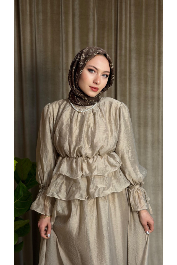 Elegance Kolları Bağlamalı Etekli Takım - Taş Rengi