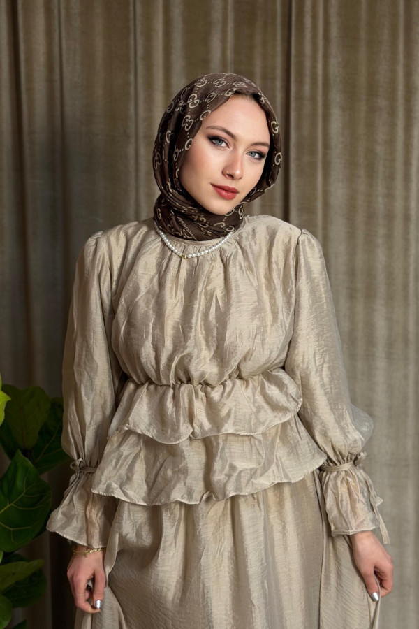 Elegance Kolları Bağlamalı Etekli Takım - Taş Rengi