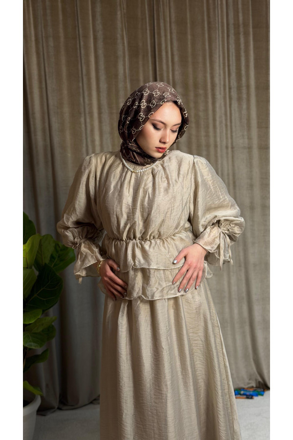 Elegance Kolları Bağlamalı Etekli Takım - Taş Rengi
