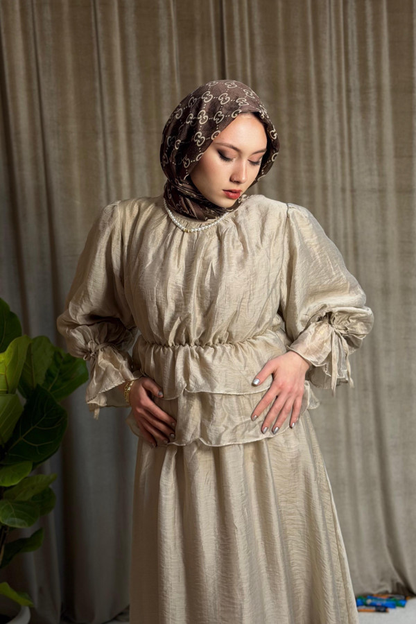 Elegance Kolları Bağlamalı Etekli Takım - Taş Rengi
