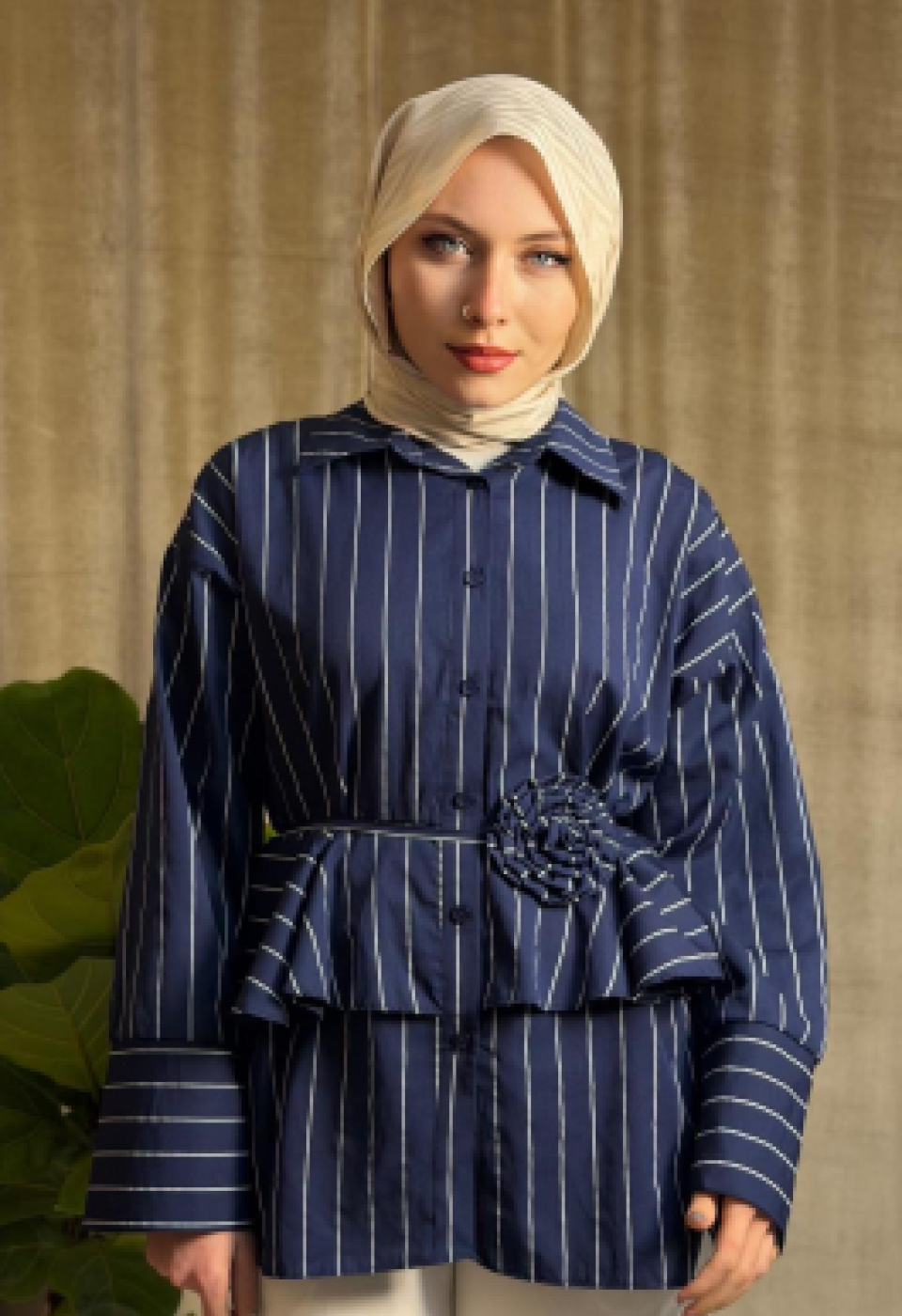 Bel detaylı çizgili Gömlek